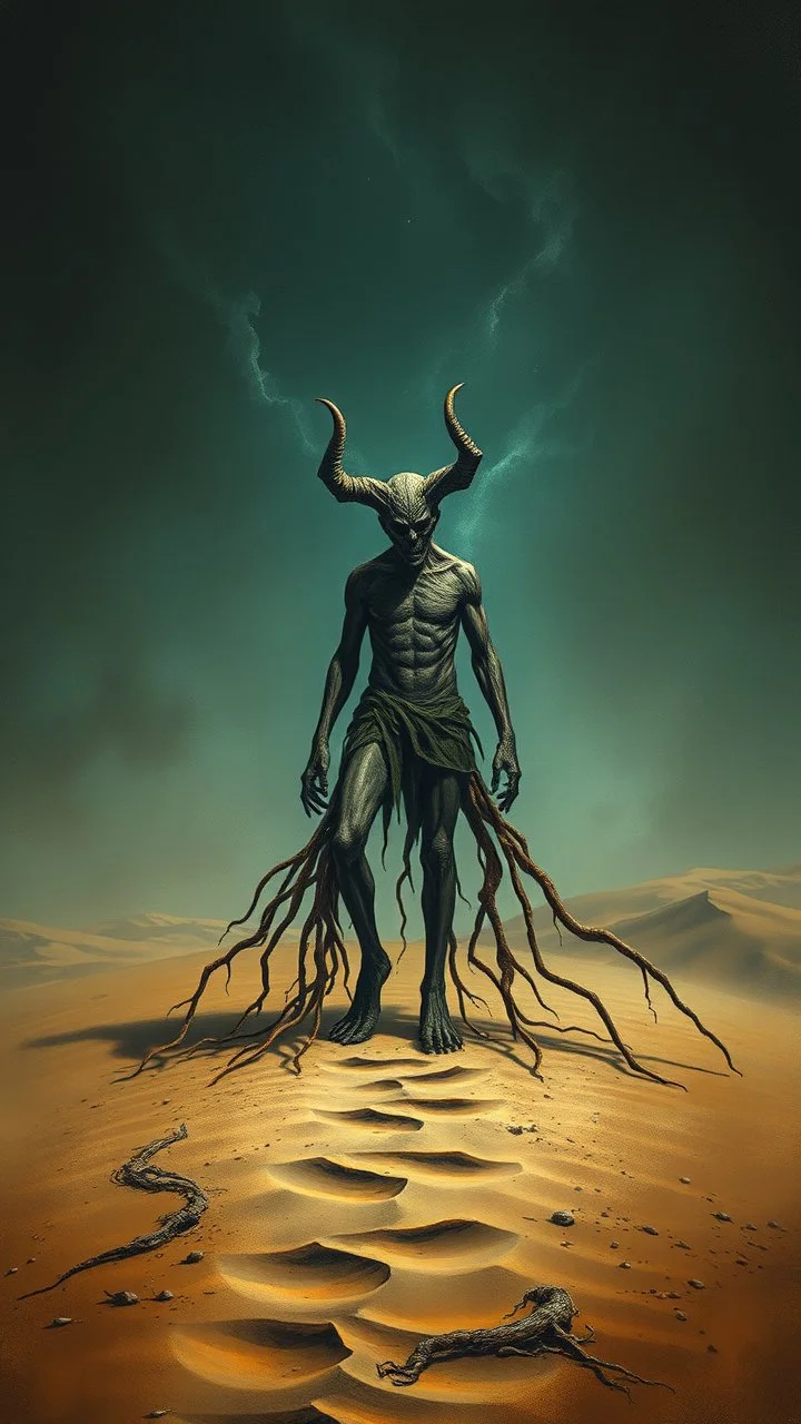 Bosch painting style nightmare, a man with legs looks like tree roots , and head looks like evil , in the desert sands , dramatic sad scene, fantasy, scary.