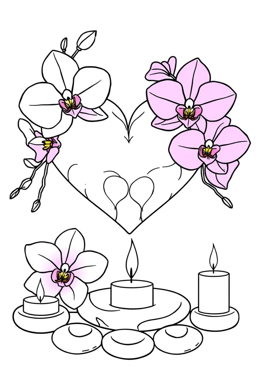 outline art for visually rich appealing heart ikebana orchids plumeria spa rounded stones around candles, coloring page for kids, white background, fit to page, only use outline, clean line art, no shadows, clear and well outlined
