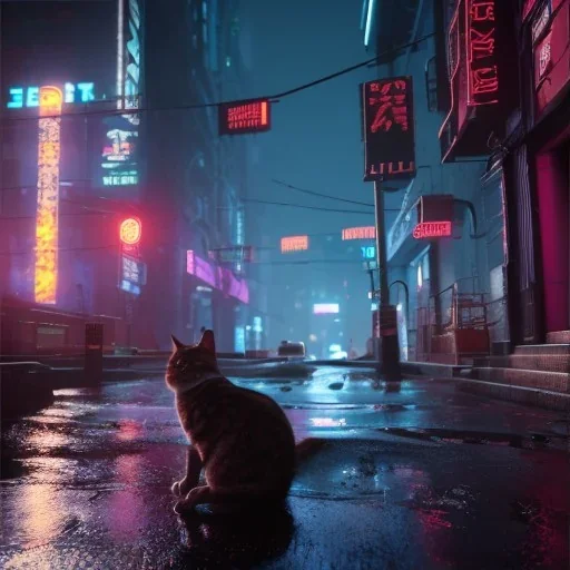 Cyberpunk,cat in night city on the rain unreal engine 5, octane render,cinema4d, dynamic lighting, 8k, redshift render, highly, hyperrealism ultra realistic, hyper realistic.