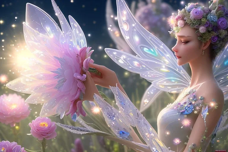 one big crystal subtle flower in a galactic ambiance, transparent petals, delicate colors, in the foreground, with a little beautiful fairy, full of details, smooth, bright sunshine，soft light atmosphere, light effect，vaporwave colorful, concept art, smooth, extremely sharp detail, finely tuned detail, ultra high definition, 8 k, unreal engine 5, ultra sharp focus