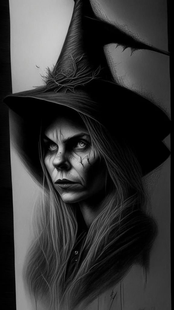 pencil drawing of witch, Spooky, scary, halloween, realistic, black paper