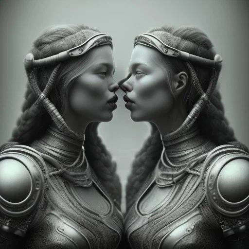 two viking girls kissing each other, hr giger, scary, steam punk, realistic, made in octane, cinematic, ultra-realistic, extremely detailed octane rendering, 8K, VRAY Super Real ar 2:3, dof photorealistic futuristic 50mm lens hard lighting dark gray tintype photograph, realistic lighting, sepia color