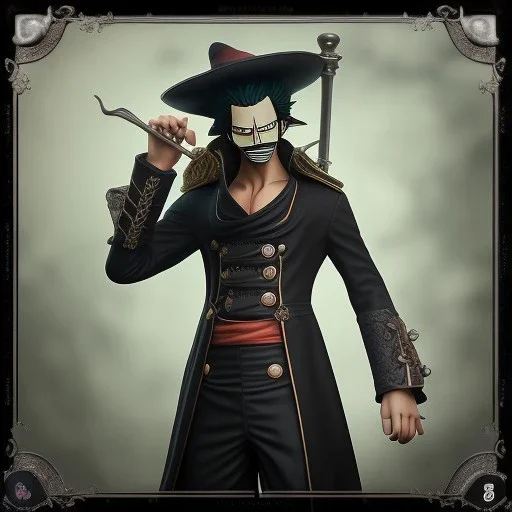 Lorenor Zorro from one piece, steam punk, scary, horror, realistic, made in octane, cinematic, movie, CGI, ultra-realistic, extremely detailed octane rendering, 8K, VRAY Super Real ar 2:3, dof photorealistic futuristic 50mm lens hard lighting dark gray tintype photograph, realistic lighting, sephia colors