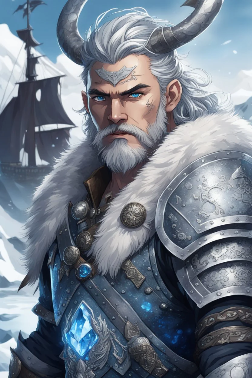 in anime style, 1man, a man with blue eyes and grey hair man in silver Viking armor with fur around the neck with blue crystal on his chest holding an axe in his hands standing on a pirate ship in the artic, warrior in anime style,