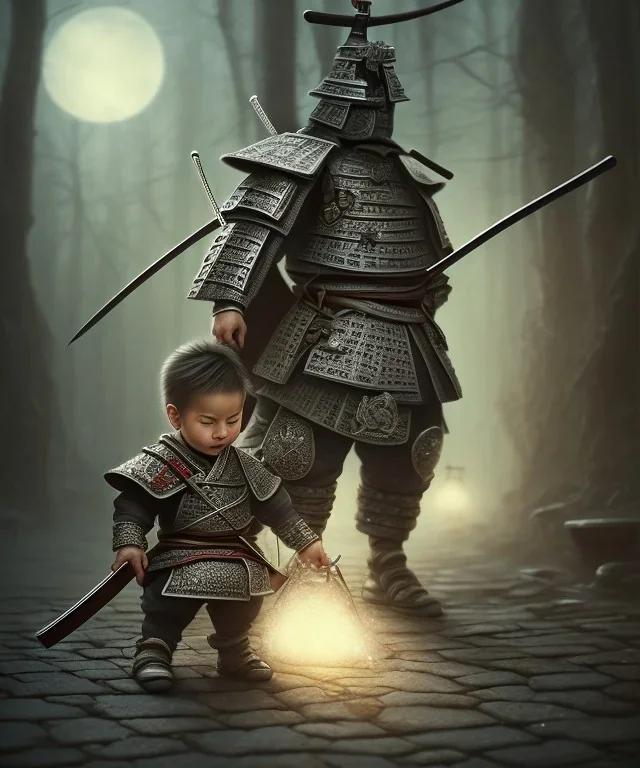 little boy samurai. shadows, Brent Weeks, Night Angel, cobblestone street alley, highly detailed, hyper-detailed, beautifully color-coded, insane details, intricate details, beautifully color graded, Cinematic, Color Grading, Editorial Photography, Depth of Field, DOF, Tilt Blur, White Balance, 32k, Super-Resolution, Megapixel, ProPhoto RGB, VR, Halfrear Lighting, Backlight, non photorealistic rendering