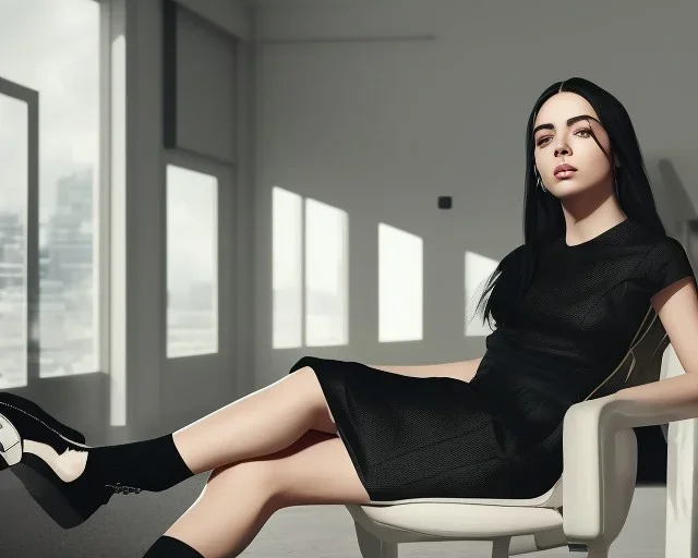 Billie Eilish, sitting on a chair, Black Short Dress, high detail, realistic, 8k