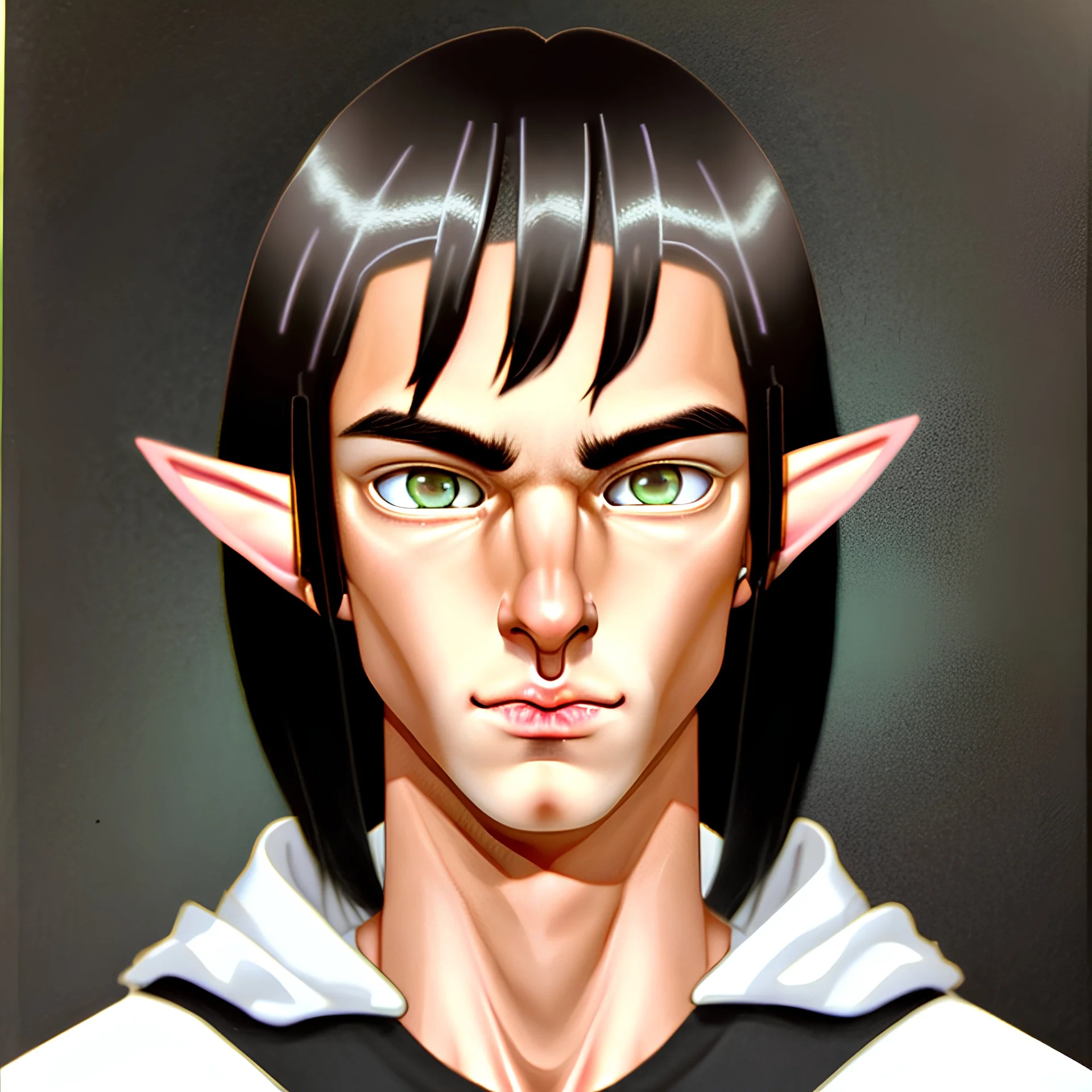 Portrait of a 20-year old androgynous half-elf with tan skin, multi-colored eyes and a medium-lenght black hair with a broad white streak in the middle