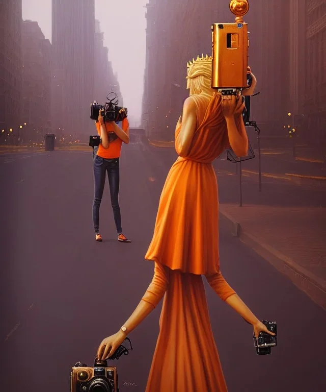 Statue of Queen of photography holding camera in hands. Cute blonde woman. Photographer in golden crown. Standing on the street. Big camera in her hand. hyperdetailed, photorealistic, trending on artstation, greg rutkowski, beksinski, kodachrome, volumetric lighting, gold and orange