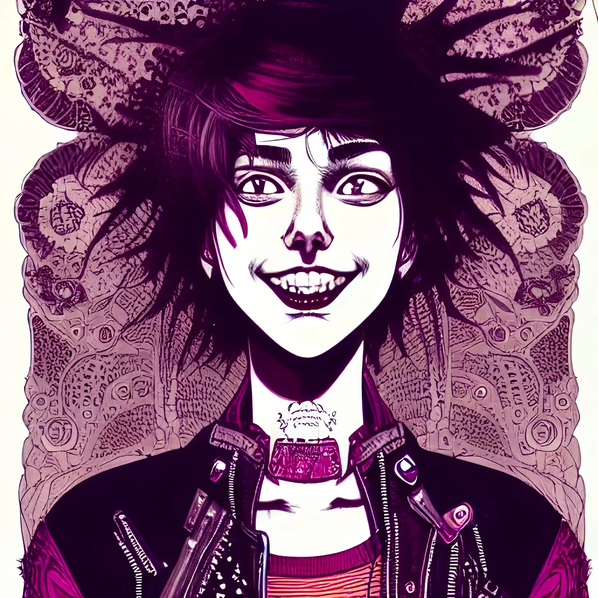 beautiful punk girl, smiling, leaning pose, hyper detailed, hyperdetailed, intricately detailed, illustration by <asaf hanuka>, purple tones, darkred tones,