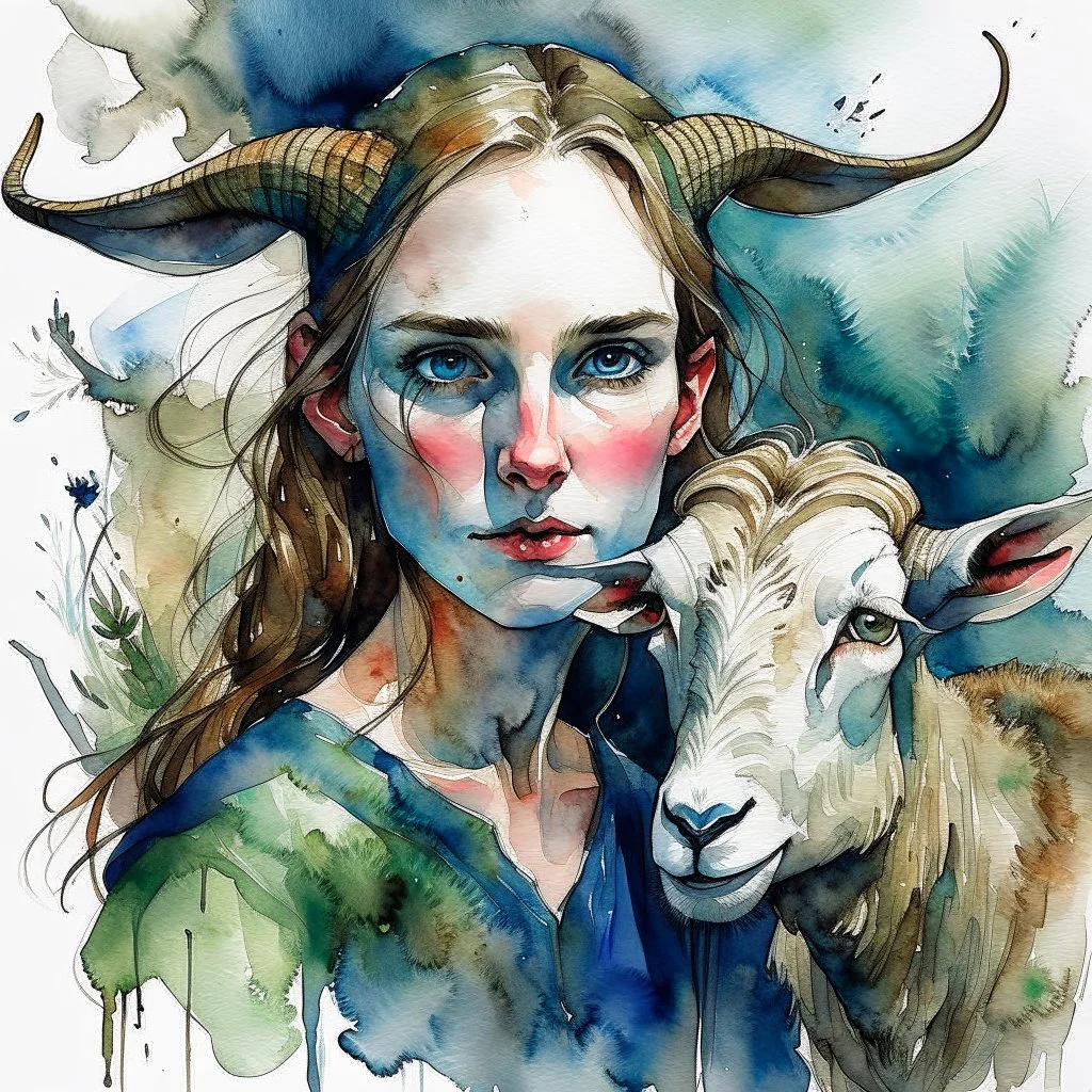 dnd, fantasy, watercolour, large strokes, stylistic, portrait, illustration, dull colours, woman, goat face
