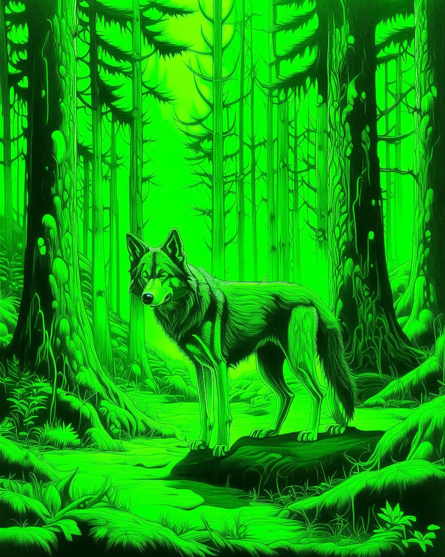 A neon green forest with a wolf painted by Frank Wilson