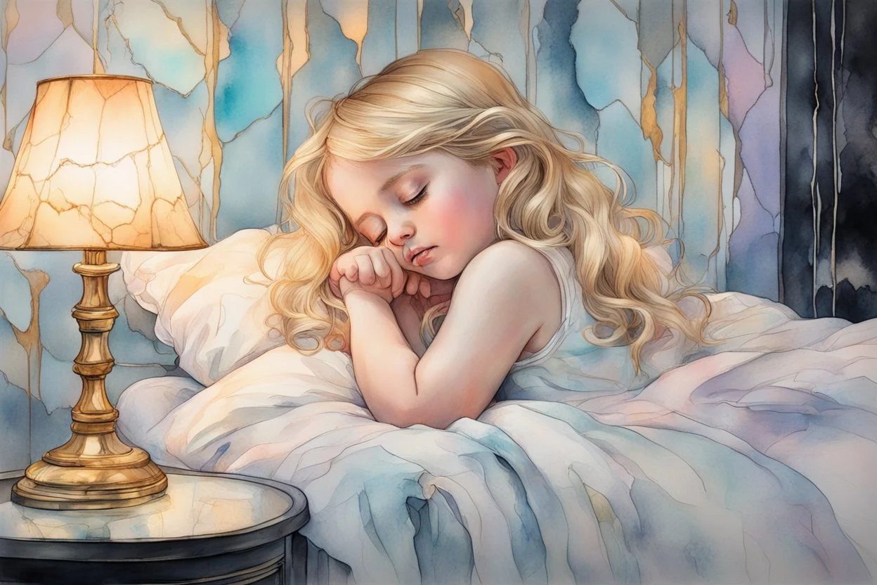 a cute little girl with blonde hair sleeping in an elegant bedroom, tiffany painted lamp lit in the background, S<AI in moonshine. Pastel melting watercolour and black ink outlines on wet paper, shading colors, light strokes. cracked holographic marble background, the cracks are golden