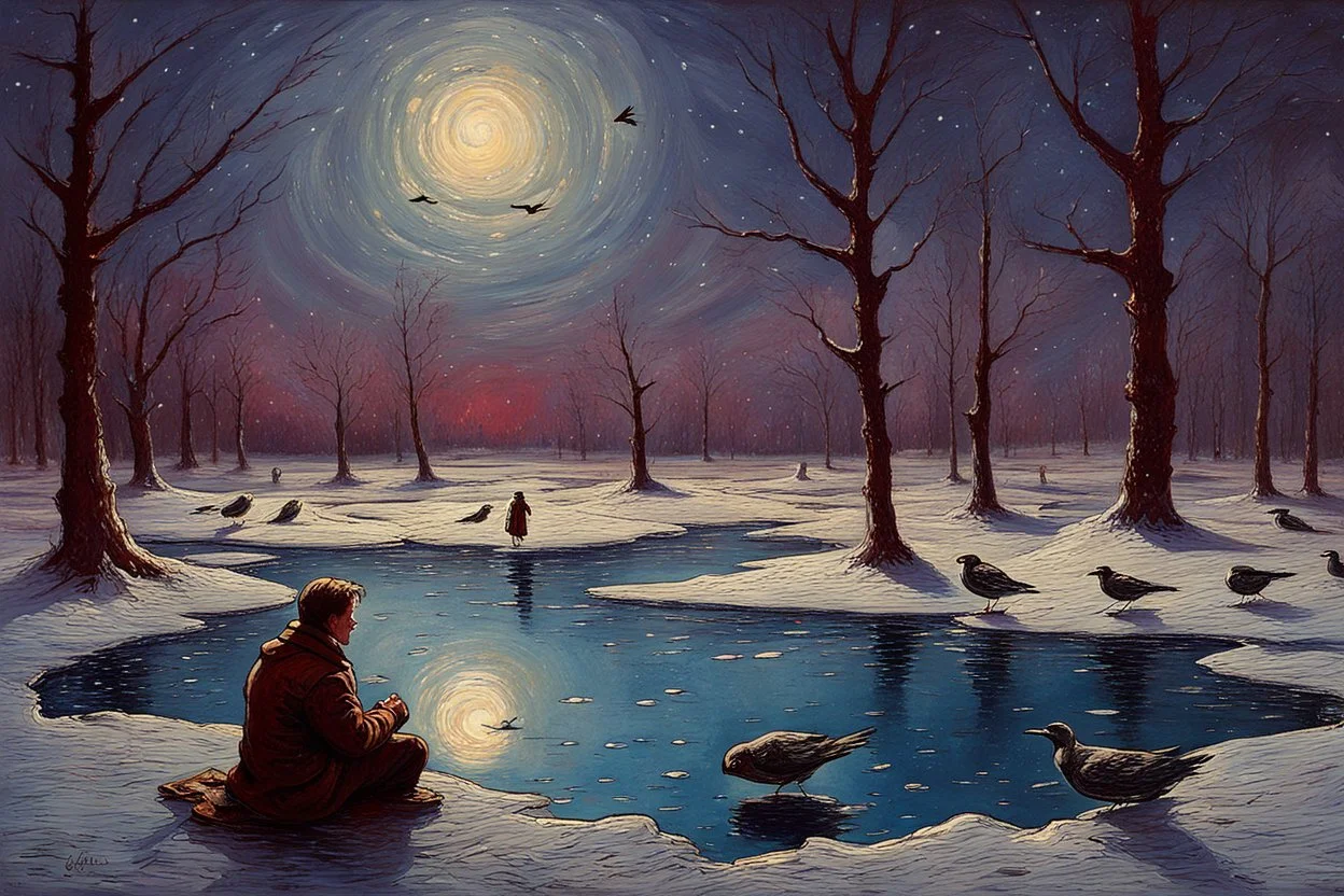 Gems, little puddle, space, man, ice, winter, flying birds, fantasy, otto pippel impressionism painting