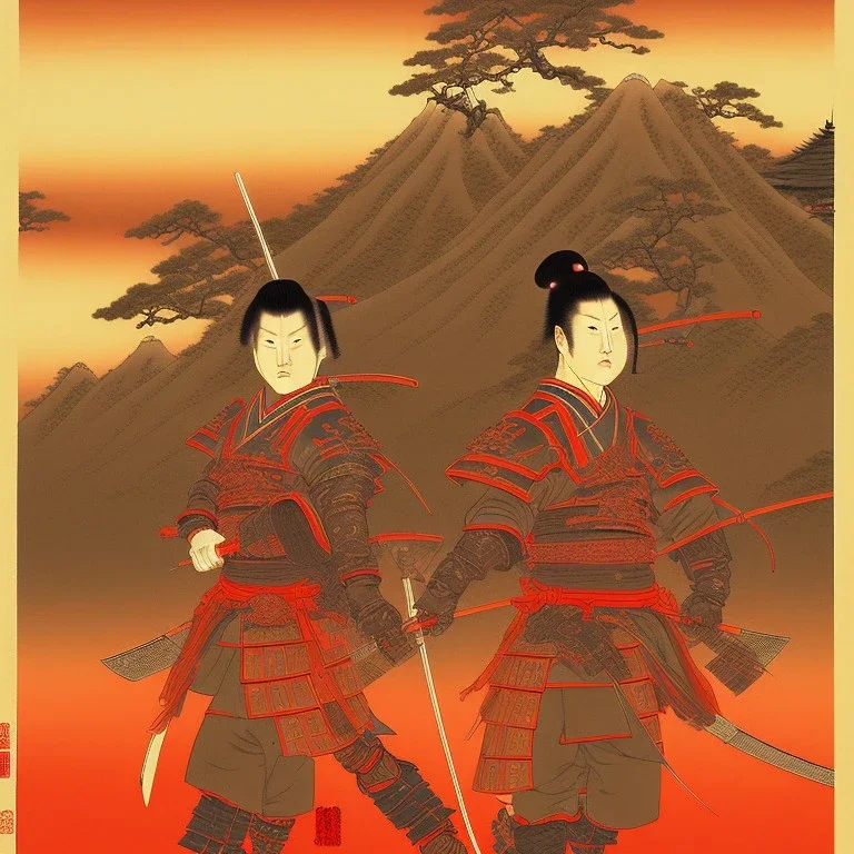 human Samurai Japanese Ukiyo-e, red sun in the background, walking in the mountains