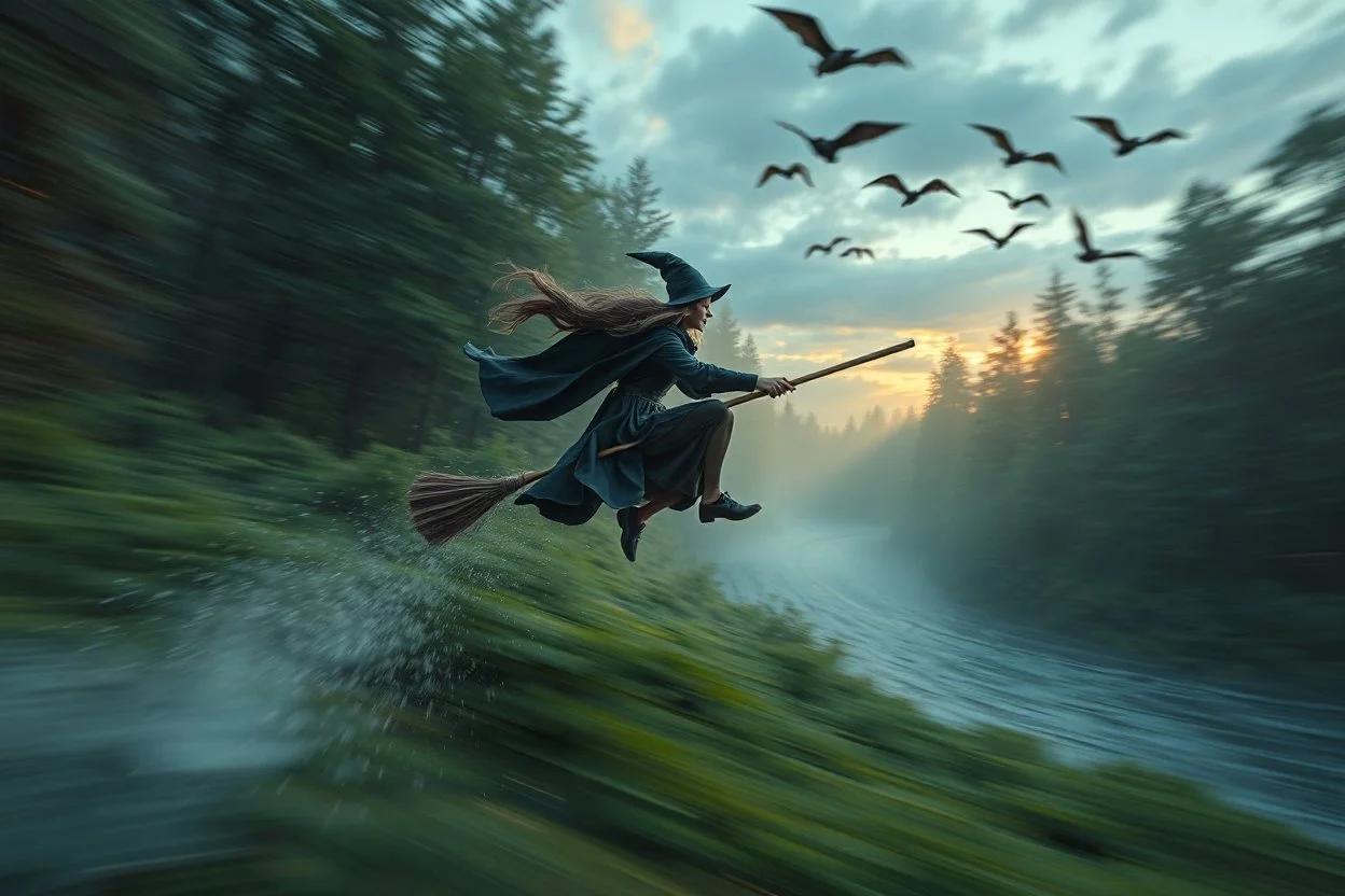 volumetric light, oil painting ,evening and motion blur running caped long haired witch on skies and broom Quickling - Forgotten Realms dodging flying bats above water and along winding branches in lush green forest along speeding horses , bokeh like f/0.8, tilt-shift lens 8k, high detail, smooth render, down-light, unreal engine, prize winning