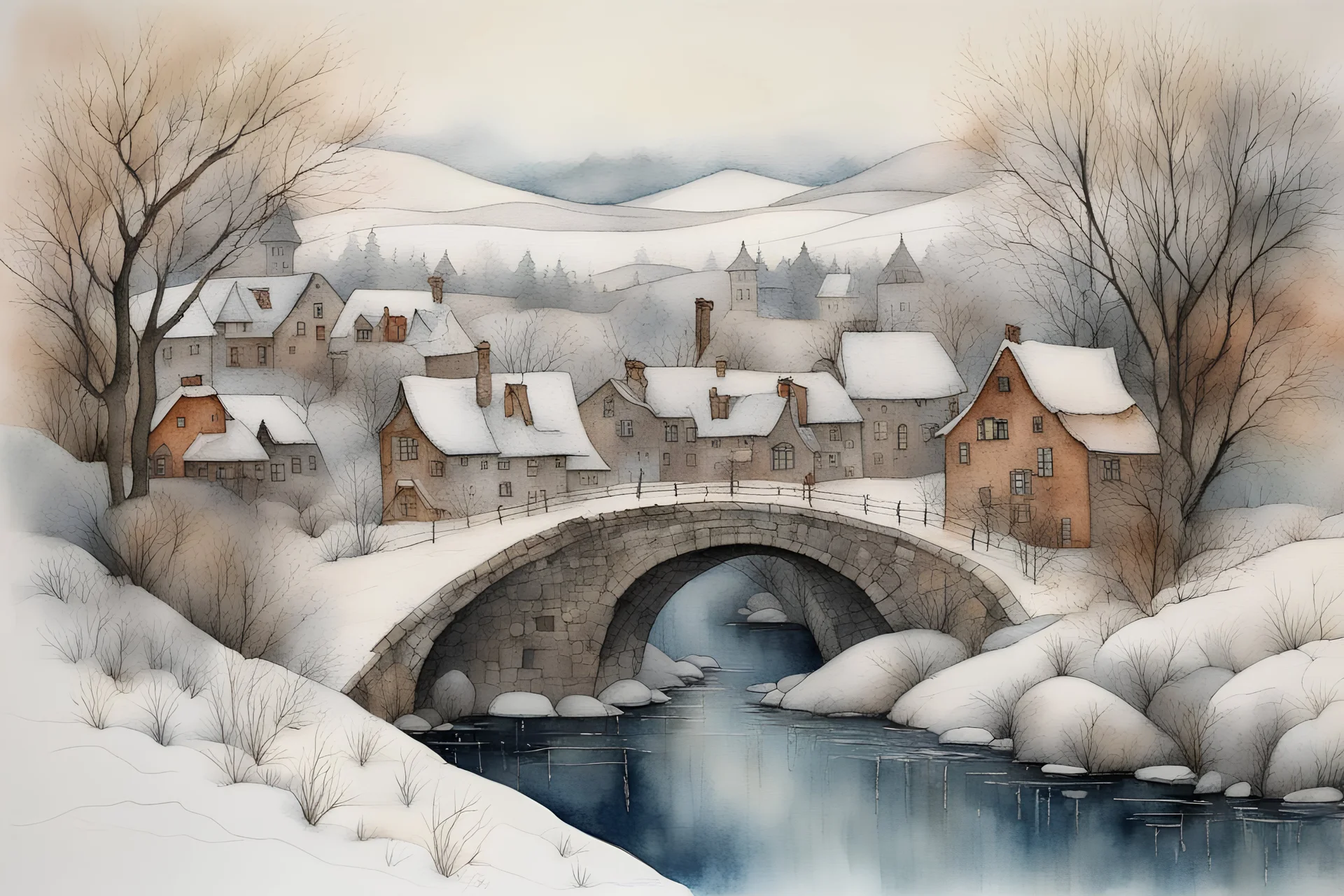 :Watercolour and ink patchwork in the style of Jamie Heiden, Walter Crane, Daniel Merriam, Ivan Shiskin, John Atkinson Grimshaw: zentangle winter landscape with a frozen river amidst houses with icicles hanging from roofs, ancient stone bridge, frosted trees, grasses, crisp quality, ultra detailed, elegant, fantastical, surreal, watercolor and pen, beautiful high definition fine 3D line art, white and mustard yellow and Delft Blue and dark teal dreamy colours, extremely detailed, intricate, elab