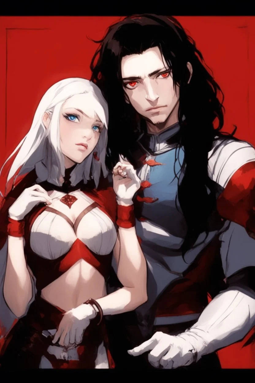 A couple, from the dnd game curse of Strahd. The woman has long white hair and blue eyes, the man has LONG BLACK hair and red eyes, no facial hair. He is standing protectively behind her.