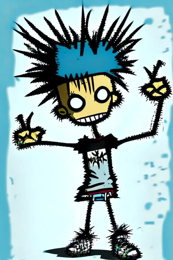 2d drawing of a stickman, cool with punk hair, x eyes like in hangman, both arms in air, showing piece sign,3d realistic in colour