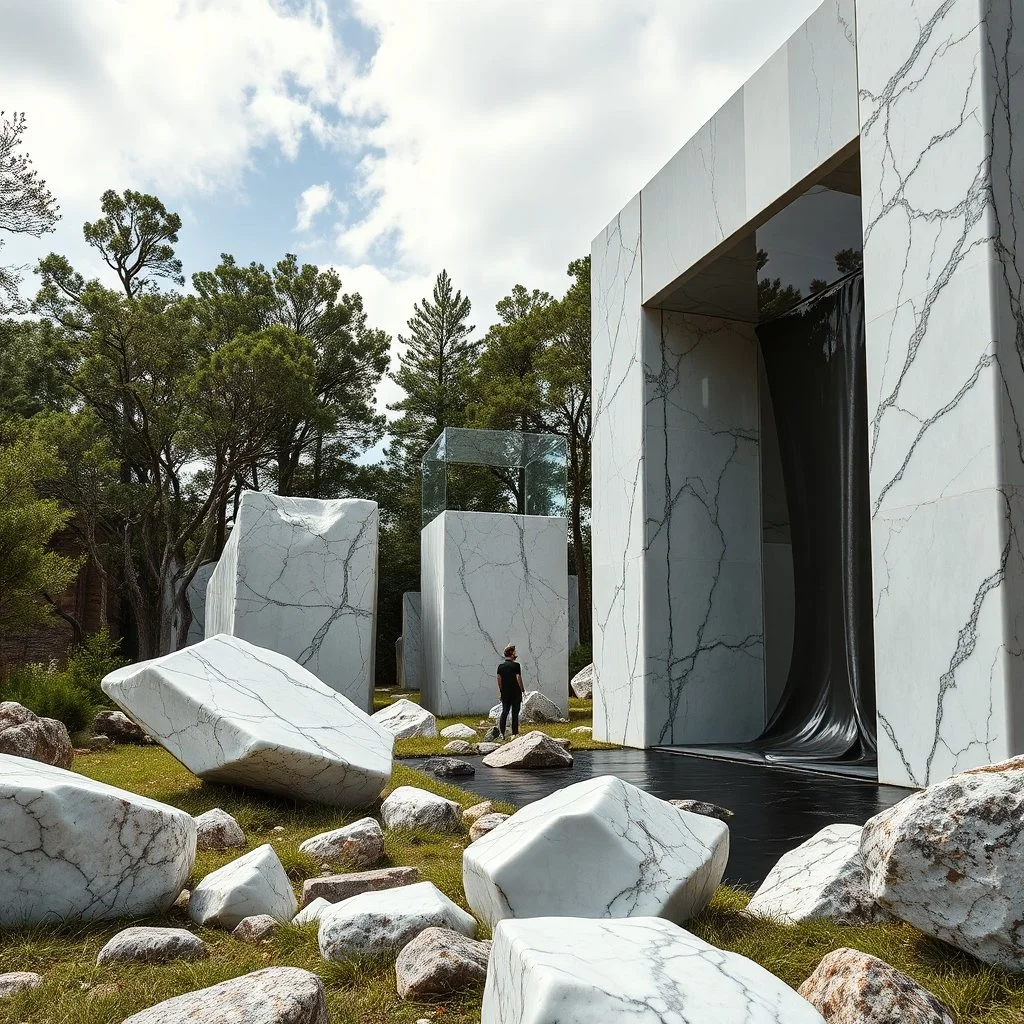 Un'immagine di un paesaggio naturale con marmi imponenti accanto a strutture artificiali verticali e alberi. Queste strutture sembrano blocchi rettangolari riflettenti, come colonne di vetro, che creano un contrasto tra il naturale e l'artificiale. Gabbia brutalista si erge solitaria. Persona osserva. bianco con venature e solchi. Magma liquido nero. La scena trasmette un senso di sospensione e dialogo tra elementi organici. Dettagli degli specchi e delle rocce molto accentuati.