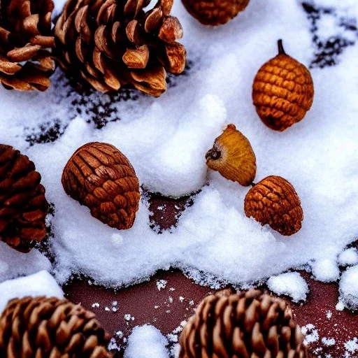 tiny acorn covered in snow, warm colors, soft lighting, snowdrift