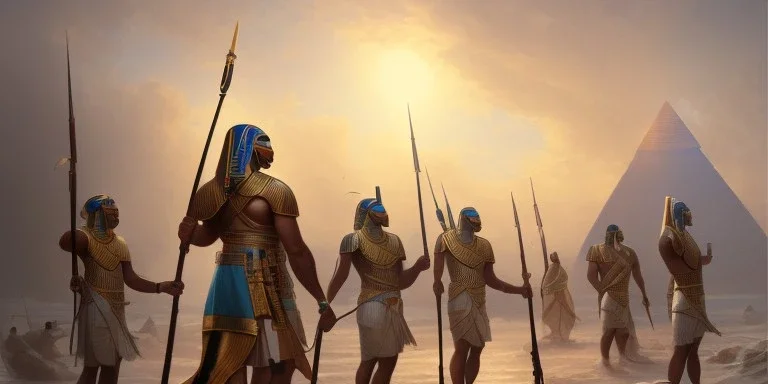 An ancient Egyptian army in front of the sea , cinematic, 8k, resolution concept art portrait by Greg Rutkowski, Artgerm, WLOP, Alphonse Mucha dynamic lighting hyperdetailed intricately detailed