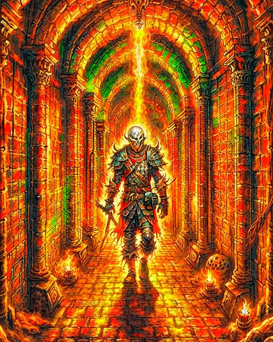 A frightening castle dungeon hallway with a skeleton warrior in rusty chainmail holding a burning torch painterly rpg art