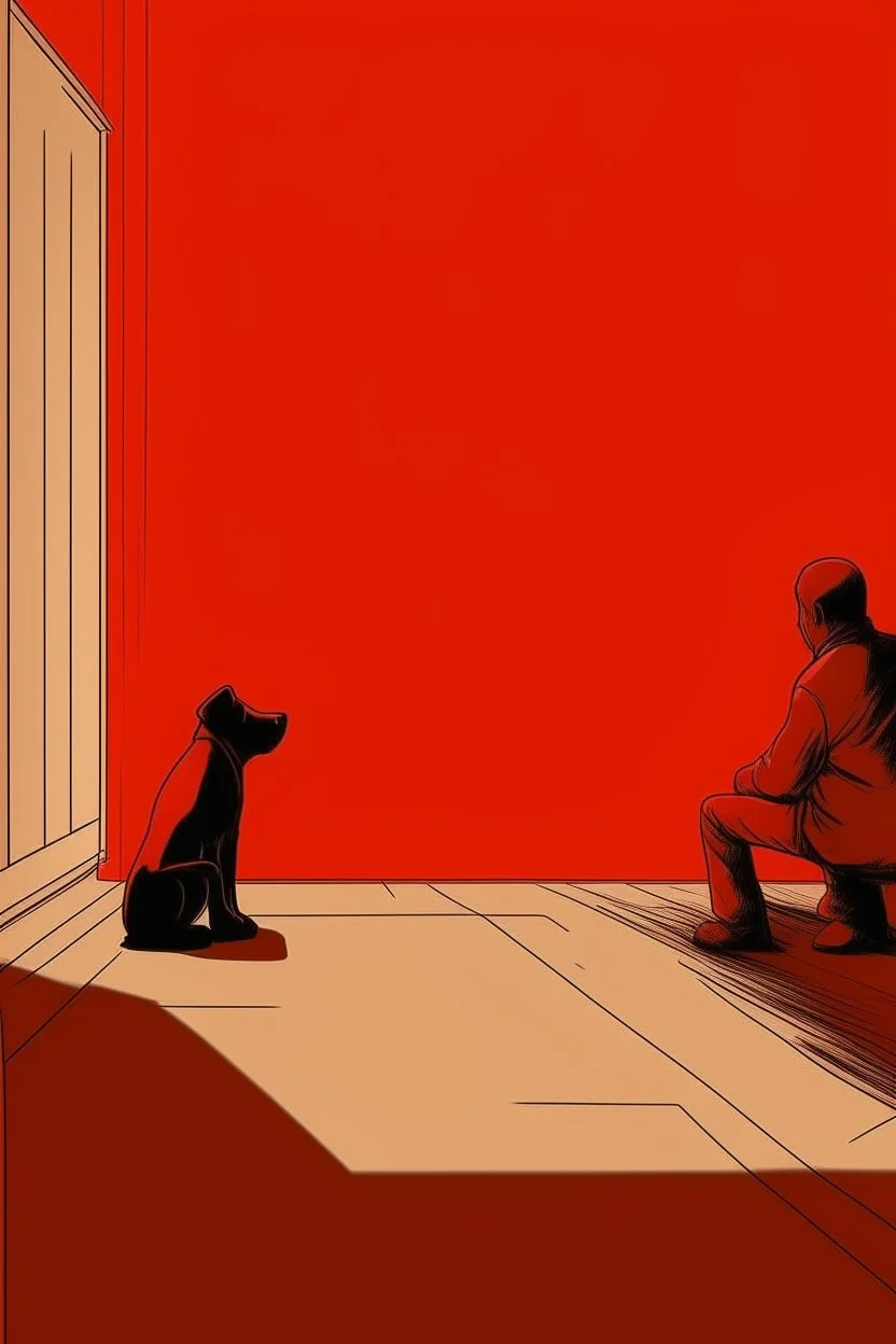 a man in an empty space standing in front of a wall looking at his shadow reflected on the wall. a red puppy sleeping on the floor in the background, thin line draw style, Busch painting style