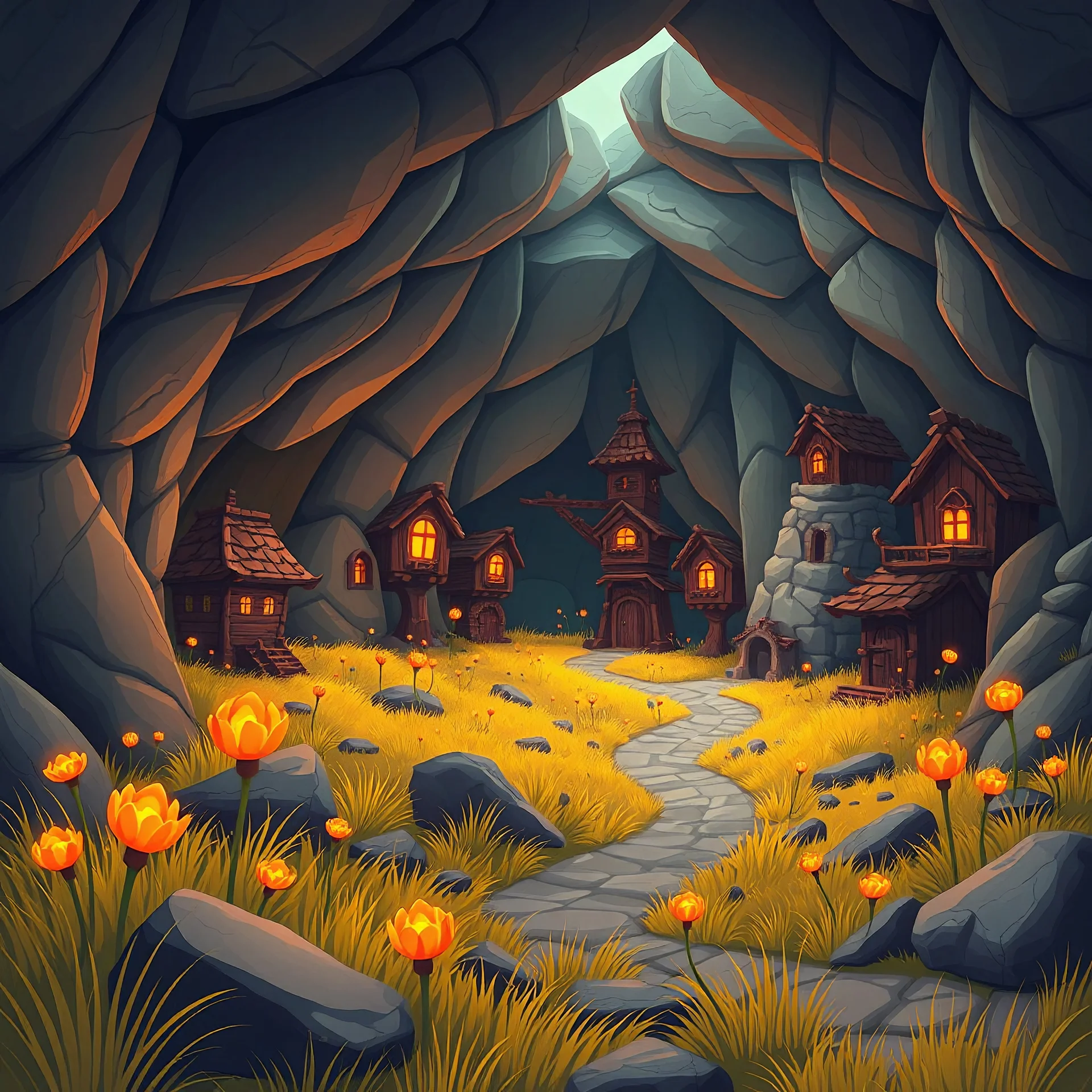 Cartoon whimsical fantasy underground giant village with yellow grass and orange glowing flowers, stone and wooden to buildings