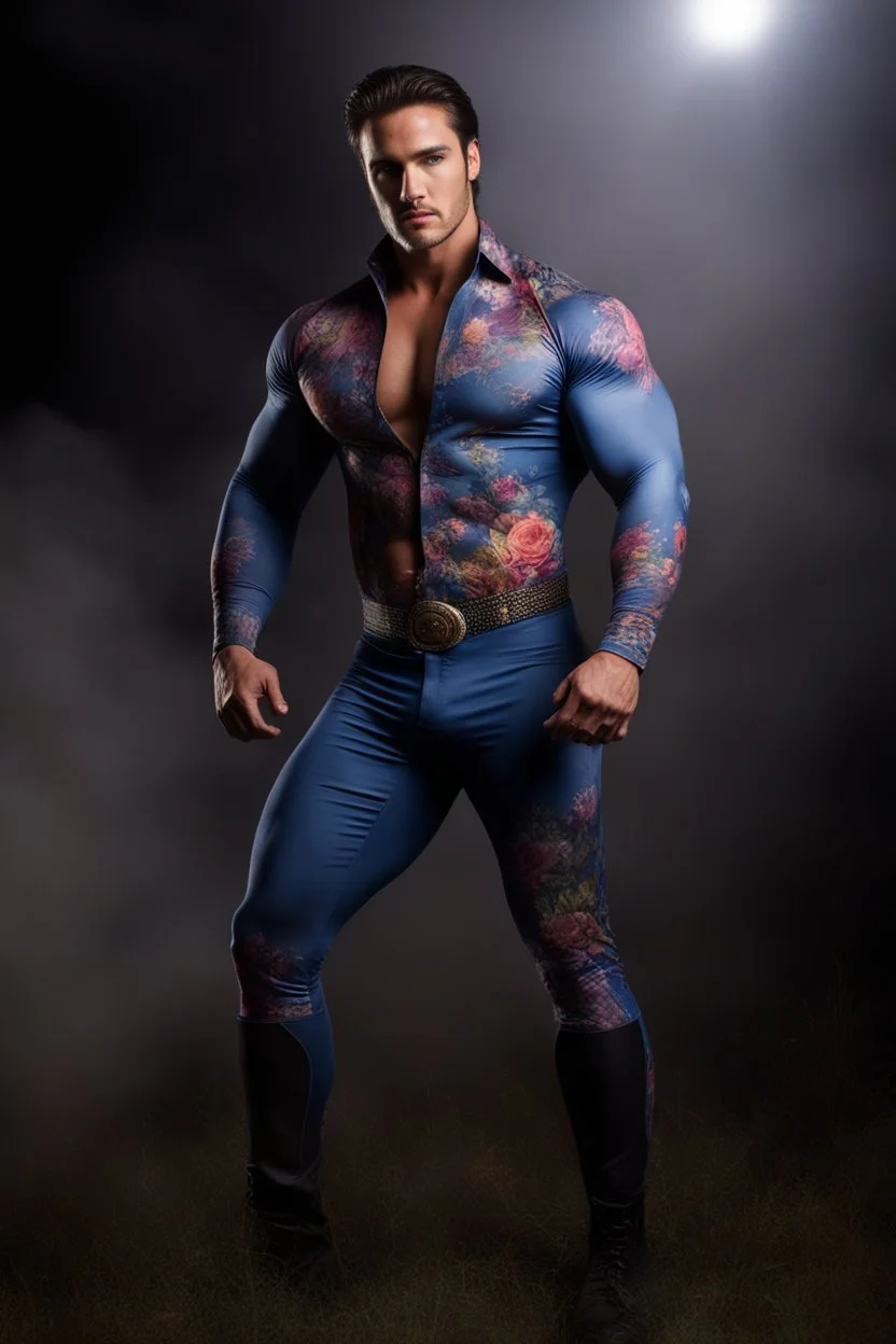 full body portrait, 6'5". 220lbs, extremely muscular, Elvis Presley has great big giant muscles, blue eyes, skintight, formfitting high-collared jumpsuit with floral designs, smirking, pitch black background, multicolored spotlight, Photorealistic, realistic stock photo, Professional quality Photograph. Fog, Clouds, mist.