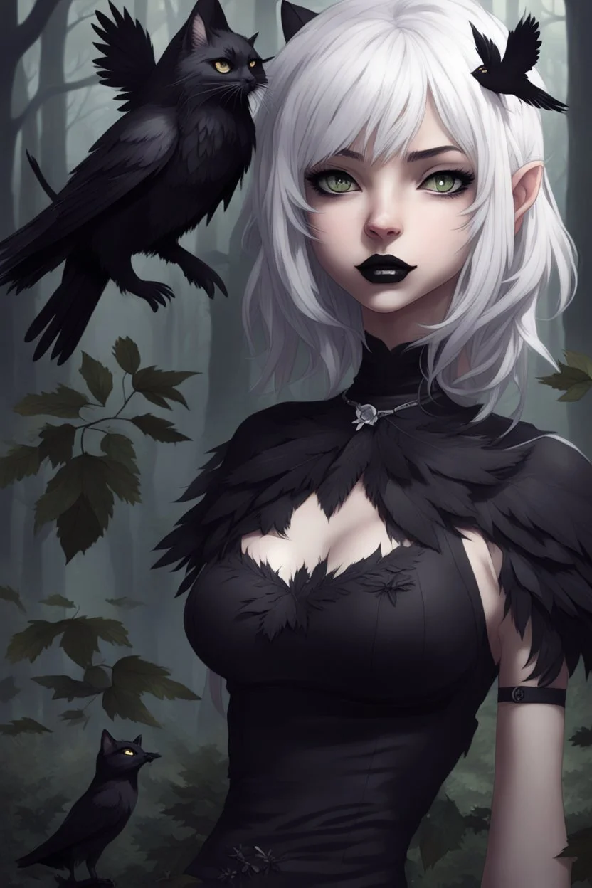 CAT GIRL, goth, forest, nature, cartoon, leaves, half black half white hair, boobs, ravens