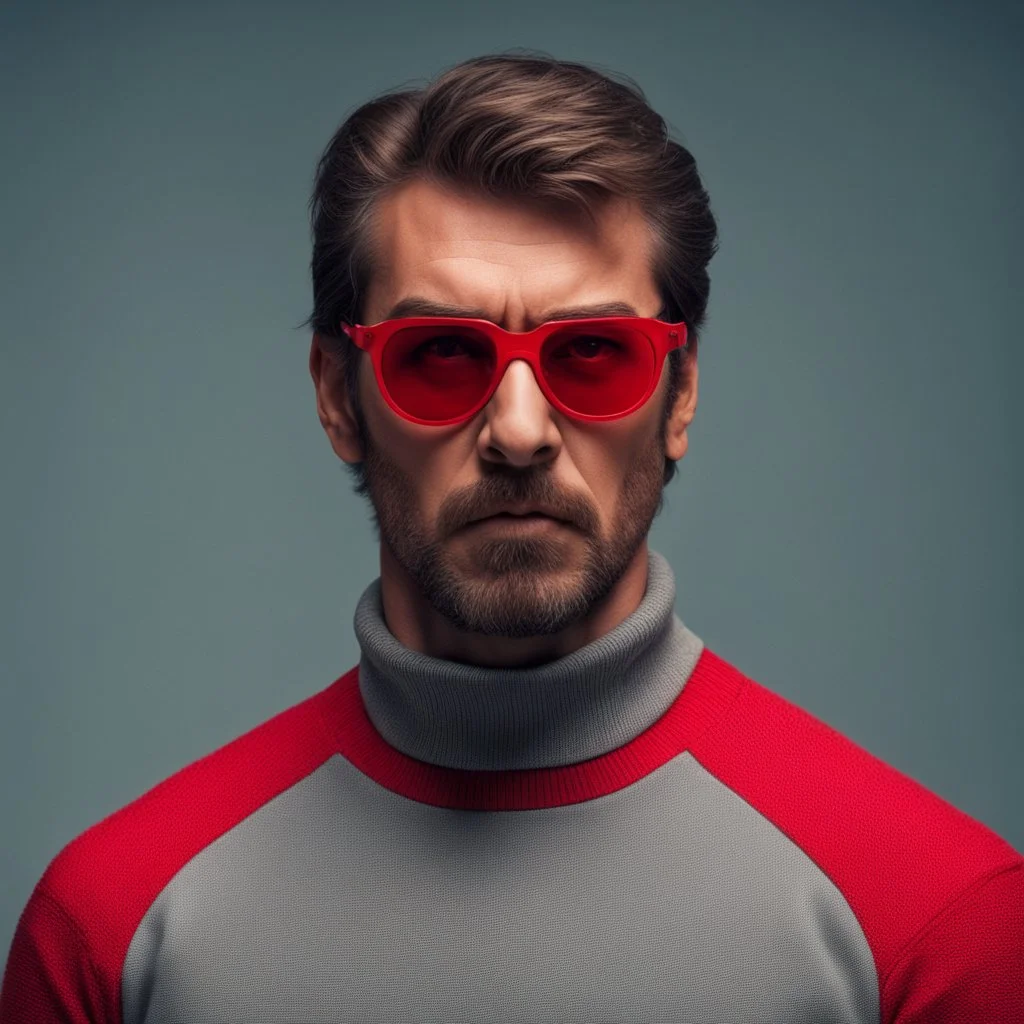 a young man with big muscles who looks like hans gruber wearing a turtleneck and red sunglasses staring with an angry look on his face in the style of Neil Gaiman