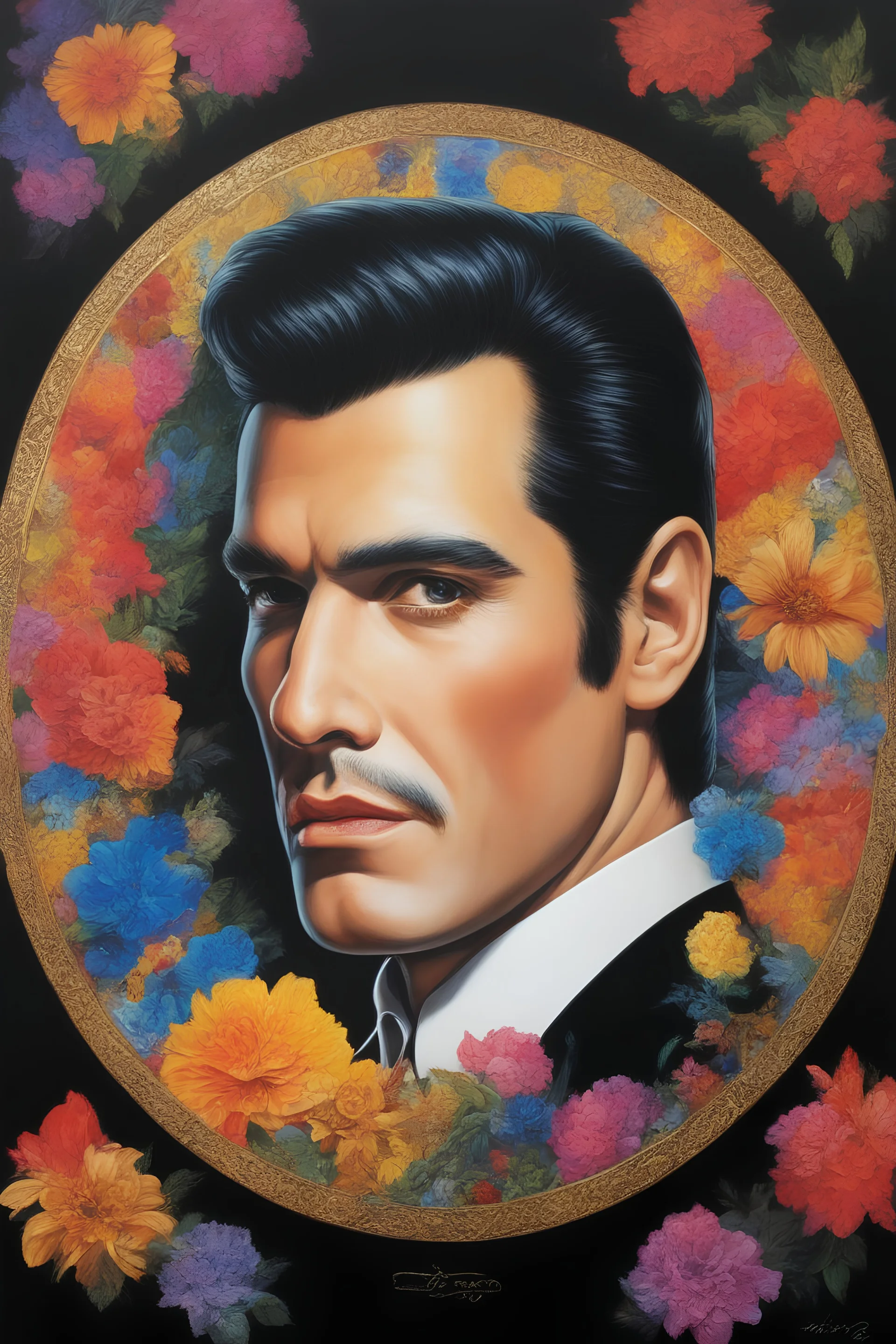 Count Dracula's face inside a small gold circle, Elvis Presley/Michael Jackson/Henry Cavill/Leonard Nimoy, multicolored, large, Floral/rainbow designs, atmospheric, beautiful, bright, vibrant colors, pitch-black background, oil painting by Boris Vallejo, 4k UHD, Photorealistic, professional quality