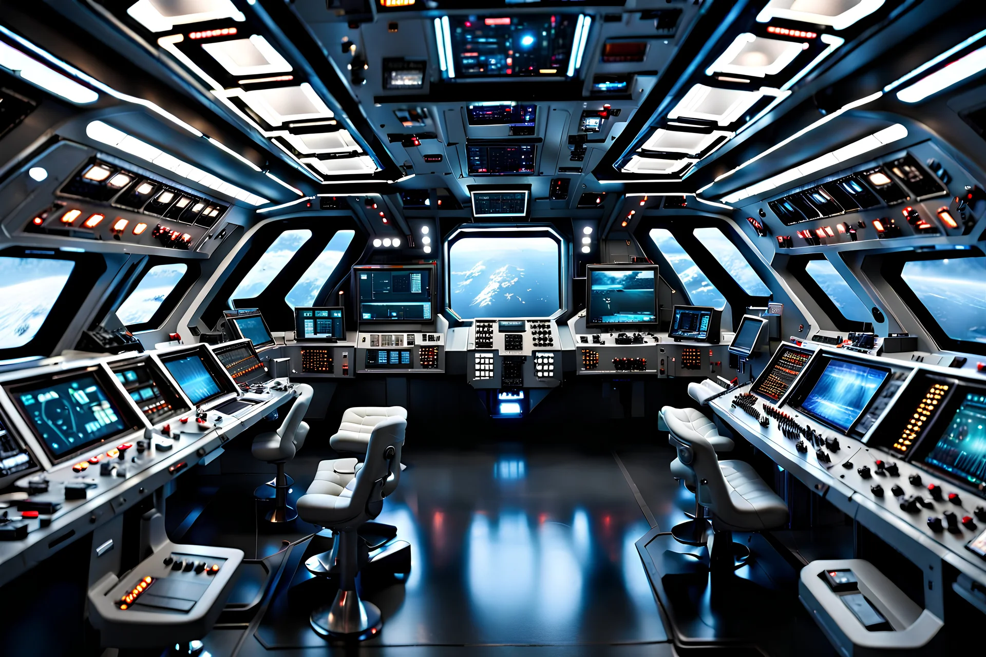 Massive bridge interior of military star cruiser spaceship, very wide, looking forward through large windows, 20 control console stations with chairs, dark, highly detailed, hyper-photo-realistic, detailed, cinematic lighting.