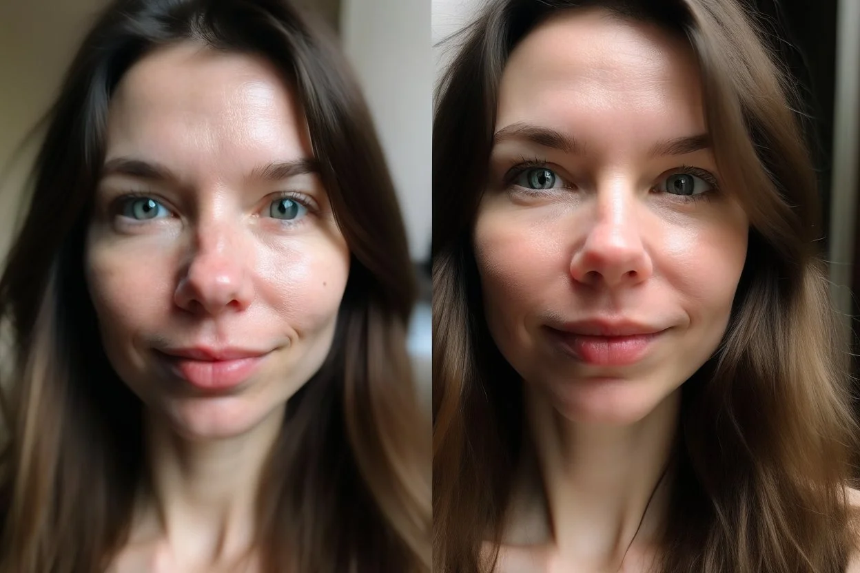 A selfie of a brunette woman, middle long hair, showing a 29-year-old European woman. She has brown hair, face without makeup, cute nose, detailed full lips, skin texture. Split screen and show the same face but without wrinkels and younger and more beautiful