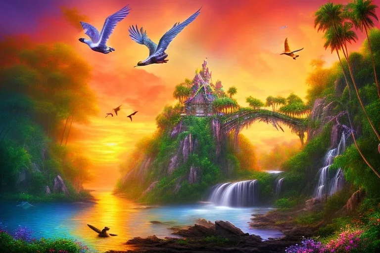 island waterfall palms twigs spring sunset rainbow bridge birds