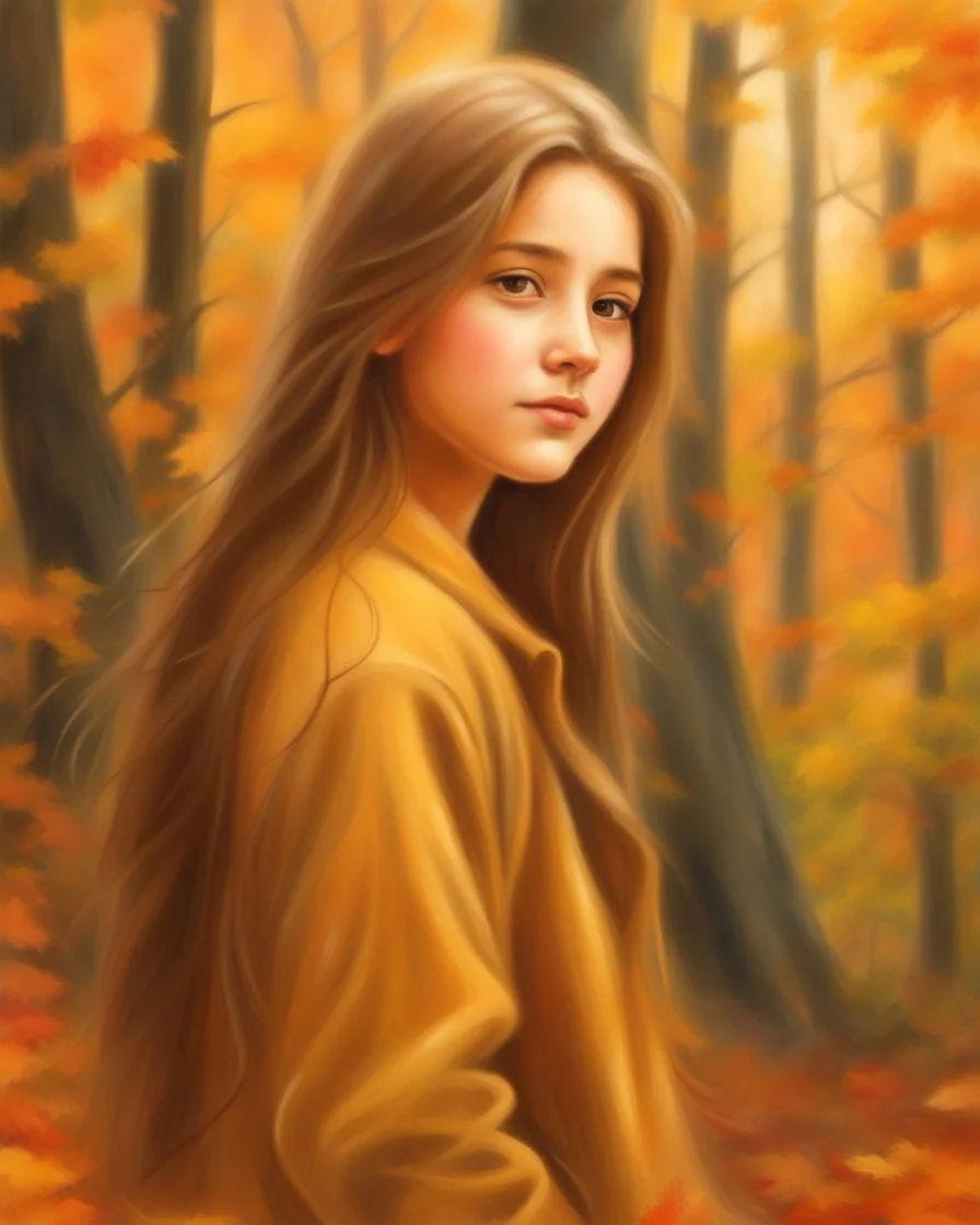 A young girl with long hair and autumn clothes in the autumn forest, beautiful portrait painting style, oil pastel painting, by Thomas Kinkade