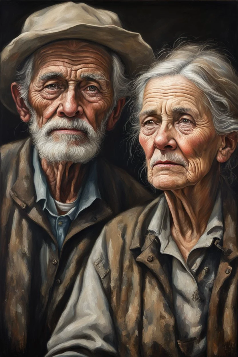 Color Portrait of an old Appalachian farmer couple early 1900s, beautiful painting with highly detailed face by greg rutkowski, Lee Jeffries, magali villanueve Modifiers: extremely detailed oil on canvas photorealistic