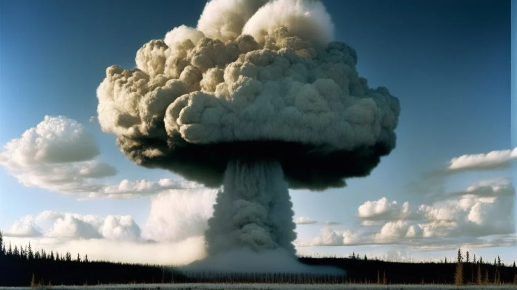 Siberia scenery,taiga forest, consisting of tall trees and dense vegetation, a mushroom-shaped cloud rises into the sky. The cloud is depicted as a massive column of smoke, dust, and debris, ascending vertically and spreading out at the top, forming a distinctive mushroom-like shape, a barren and desolate scene, with charred remnants of trees scattered across the scorched earth, high resolution photo 24K, high quality, ultraHD, cinematic lighting,