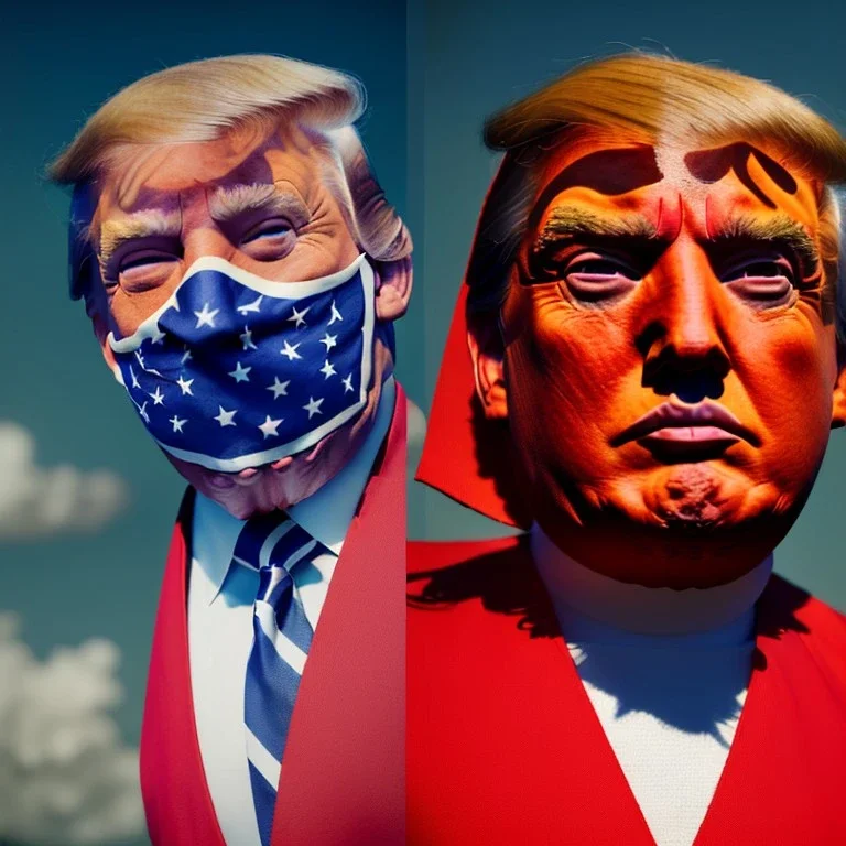 realistic image of donald trump as a mexican wrestling fighter posing outdoors, Mexican eyes wrestling mask, red and blue breeches, confederate flag cape, naked torso, retro style, 80s, vibrant color, highly detailed, sky background, concept art, unreal engine 5, god rays, ray tracing, RTX, lumen lighting, ultra detail, volumetric lighting, 3d, finely drawn, high definition, high resolution.