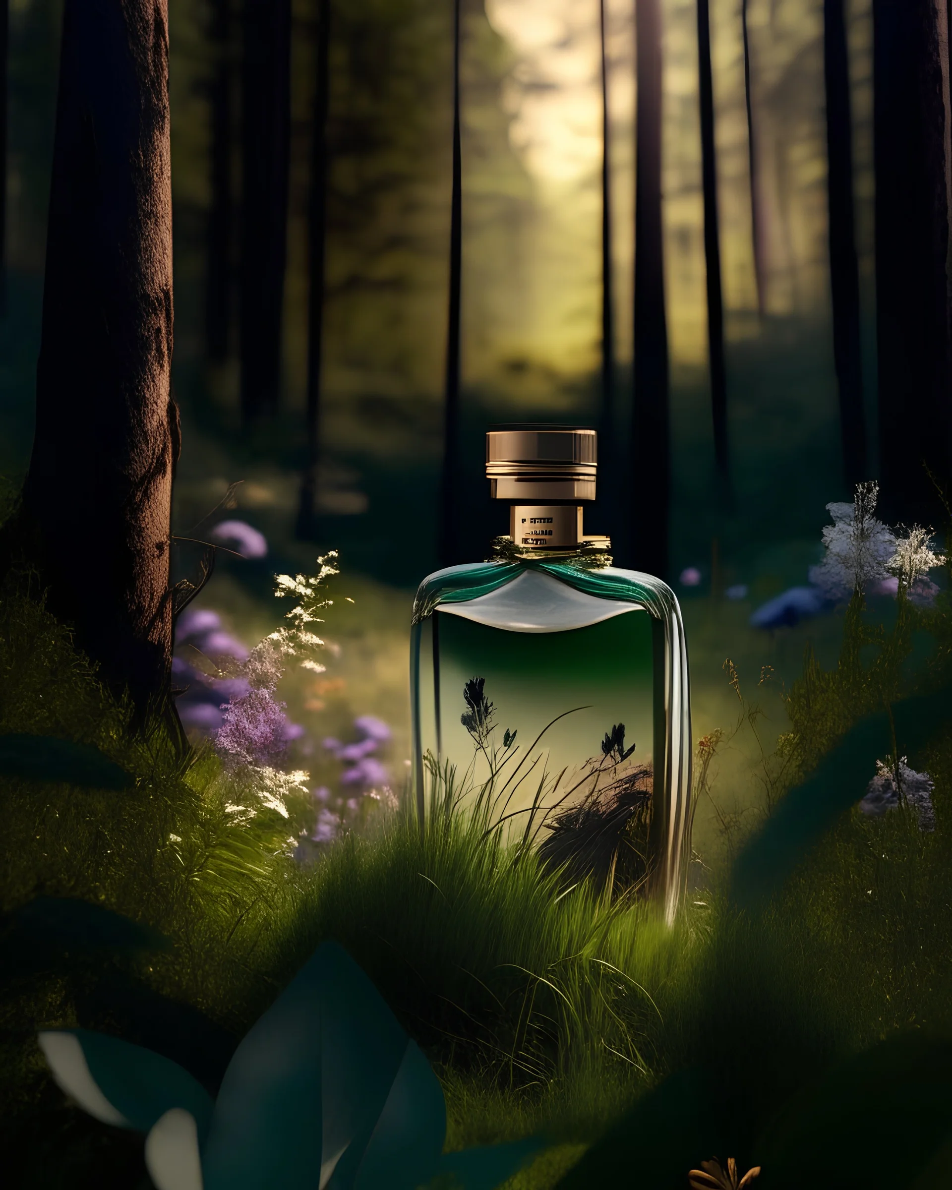 generate me an aesthetic photo of perfumes for Fragrance in the Wild: Place bottles in natural settings like a forest or meadow.