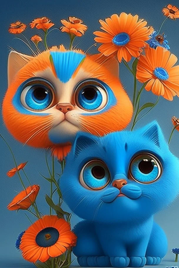 Blue and orange chibi pixar cats with big lifelike eyes and flowers