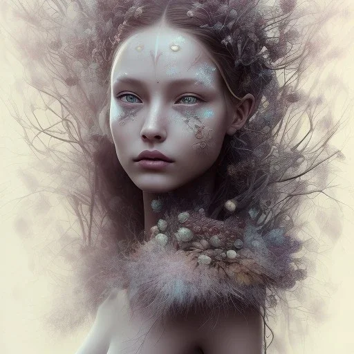 Portrait of beautiful girl, face dept of field,face shining, plant, metal, feathers,central weight average,Laplacian filt CWA Dryad,Median filter fae, sidhe, ominous, nature, plants, wildflower sparkle,wildflower 3d view, facepaint, dnd character portrait, intricate, oil on canvas, masterpiece, expert, insanely detailed, 4k resolution, retroanime style, cute big circular reflective eyes, cinematic smooth, intricate detail , soft smooth lighting, soft pastel colors