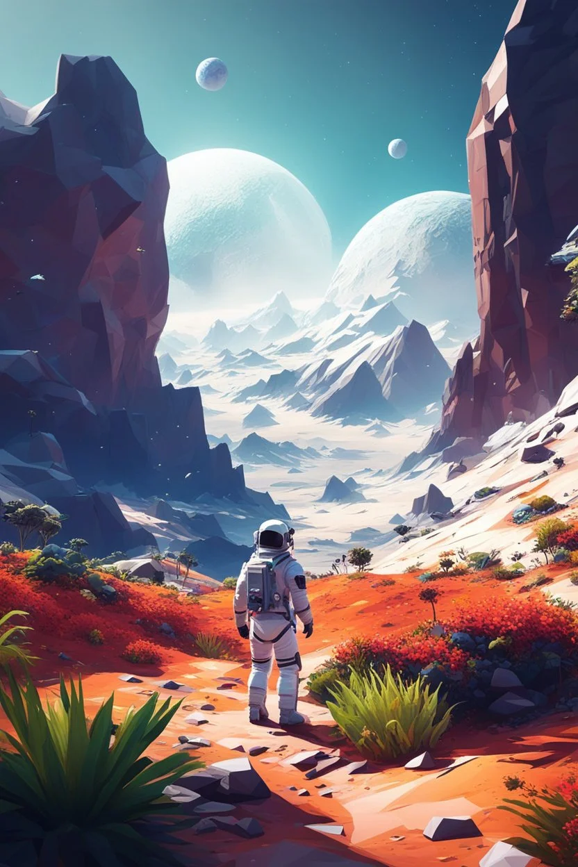 (((close midshot))), (((low poly art:2))), (astronaut), ultra-detailed illustration of an environment on a dangerous:1.2 exotic planet with plants and wild (animals:1.5), (vast open world), astroneer inspired, highest quality, no lines, no outlines candid photography.