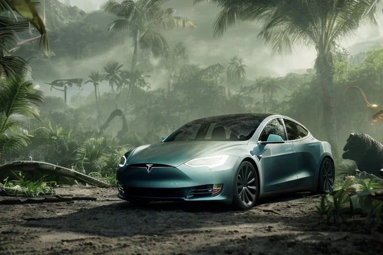 A Tesla's 'Model 3' is drifting at top speed, within the 'Jurassic Park' jungle. CINEMATIC. WIDE ANGLE LENS. PHOTO REAL.
