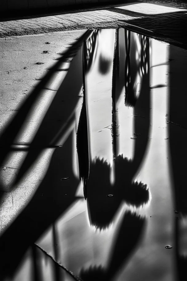 Reflections on a black surface, rule of thirds, art composition, photography, black and white, shadows, Photo taken by Canon 5d Mark IV