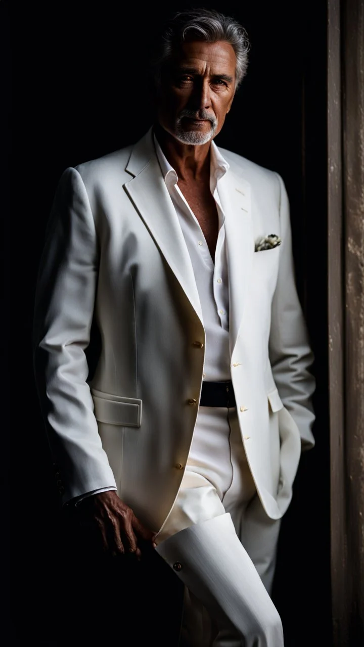 Portrait of a handsome older italian gentleman wearing crisp white linen suit, and an open necked shirt. His dark hair is peppered with grey, his neatly trimmed beard is dark and peppered with grey