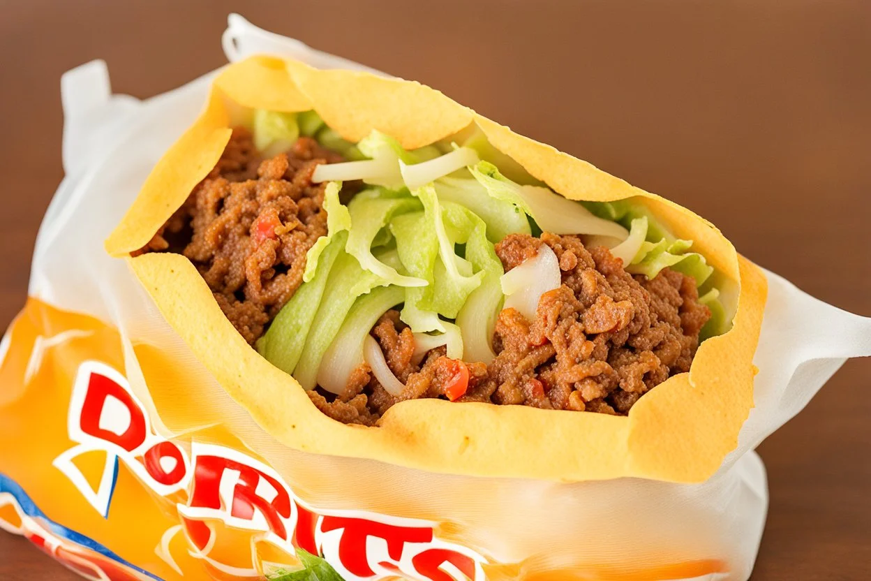 "Taco in a Bag" which consists of an open Doritos chip bag containing Doritos chips and cooked ground beef and lettuce and shredded cheese and tomato pepper and onions, food blogger photography