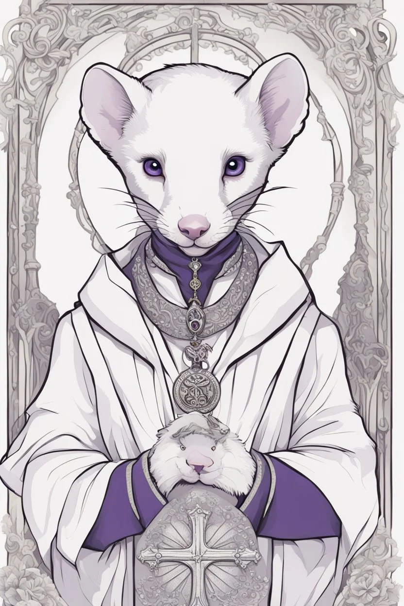 (anthropomorphic white ferret),dressed in ((cleric fantasy)) black and purple clothes with silver holy ornaments, realistic anatomy, holy symbols around, serious face, hold holy cross symbol, tired face, in the style of LOISH, look at the vivewer, blue eyes, cute face, 2d, ink lines, fantasy inspire, fantasy church on background with sunshine, gloomy atmosphere