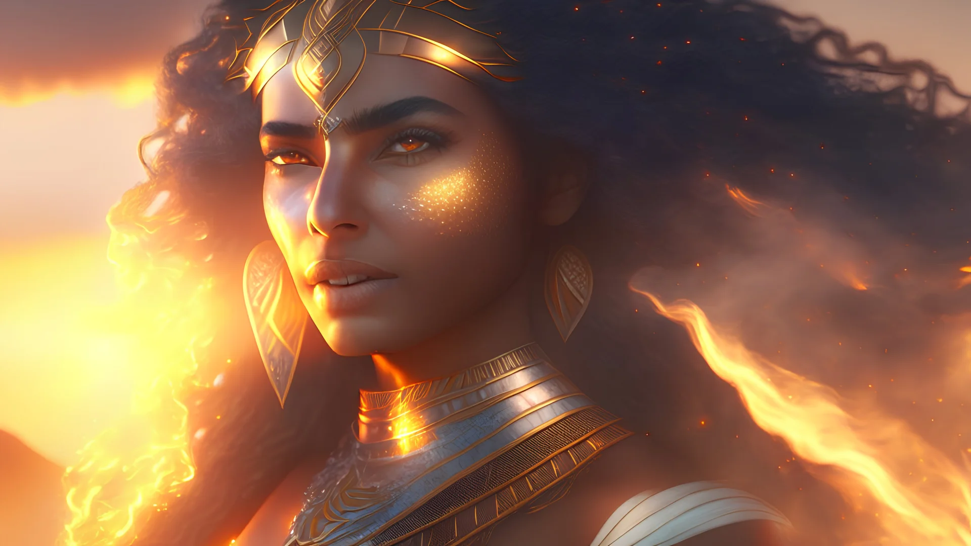 photoreal gorgeous Egyptian sun goddess with burning and smoking hair at golden hour in rising mystical fog, 8k resolution concept art portrait by Alexandra Nataf, Artgerm, WLOP, dynamic lighting hyperdetailed intricately detailed Splash art trending on Artstation triadic colors octane render volumetric lighting