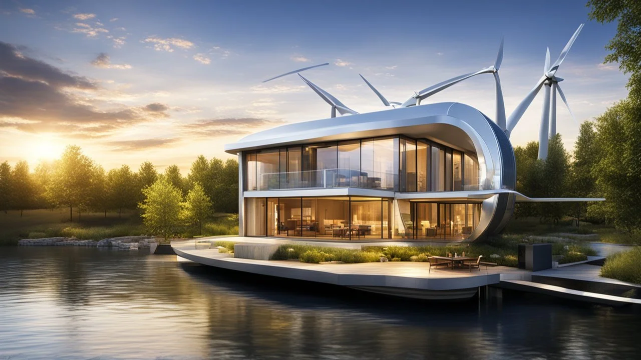 2199. Innovative modern environmentally-friendly home, wind turbines, solar panels, water wheel in river, insulation, scientific experiment, home of the future, automated, spectacular, futuristic, beautiful lighting, attractive composition, photorealistic, extremely detailed, chiaroscuro